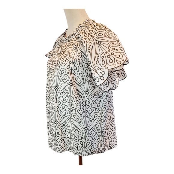 LOFT SZ S Embroidered Pattern Olive/Taupe & White 100% Cotton Short Sleeve Top - Picture 2 of 8